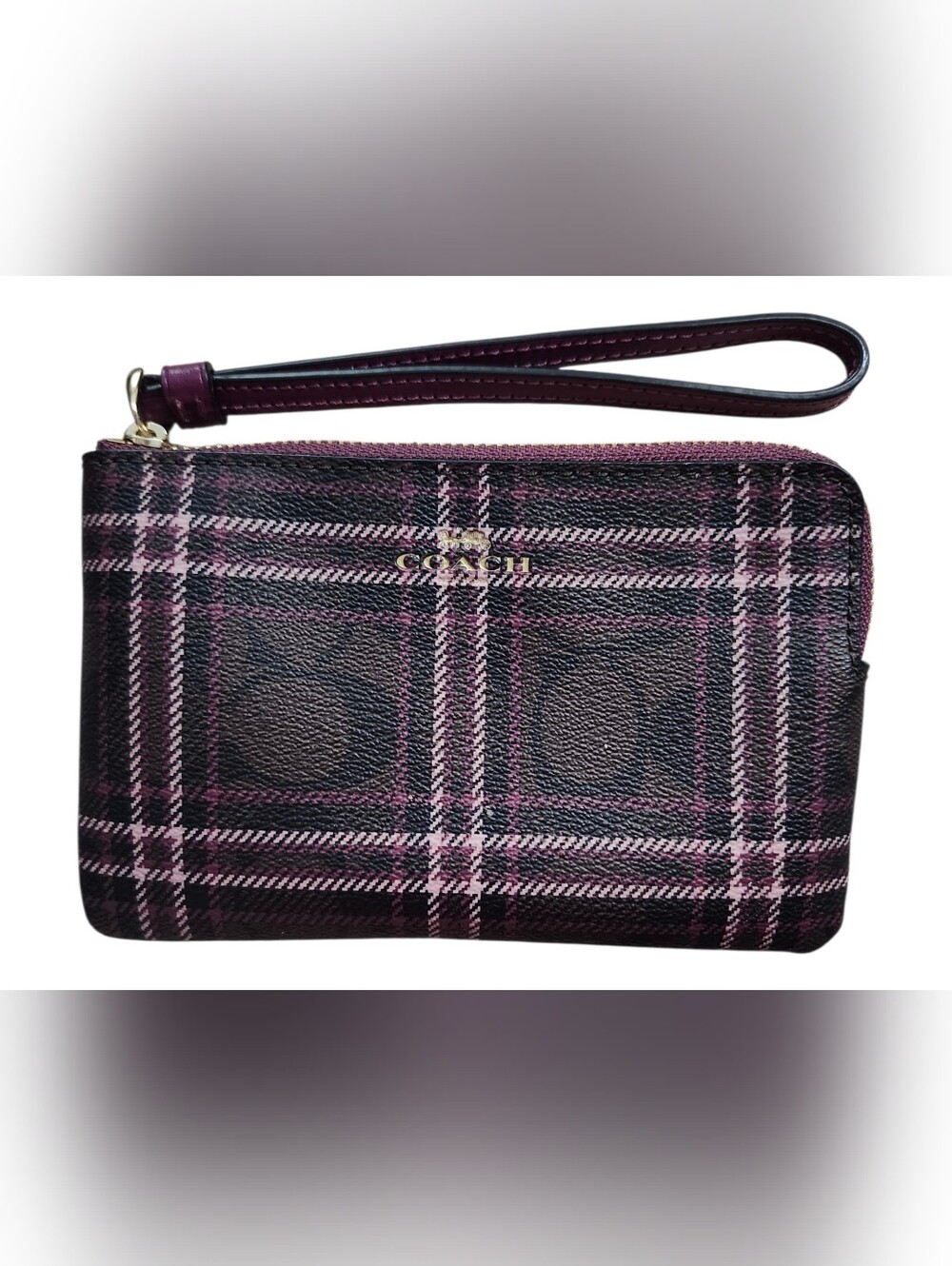 Coach EUC Corner Zip Wristlet With Shadow Plaid Print